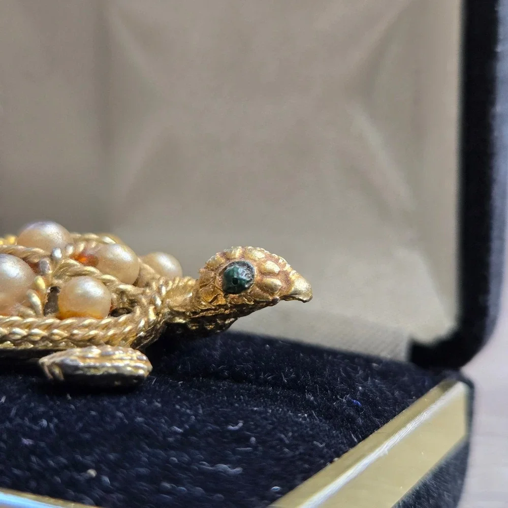 Vintage Turtle Brooch Pin Gold Tone Faux Pearl Green Eyes Figural 1.6
